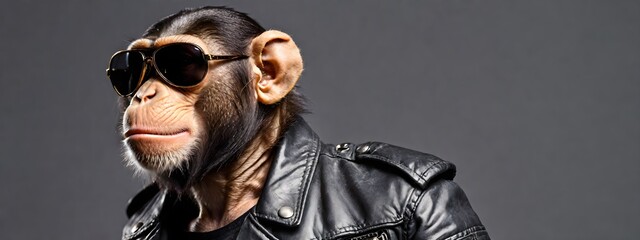 Portrait of a monkey in sunglasses and a leather jacket on a dark background. Advertising banner with copy space. Creative animal concept.