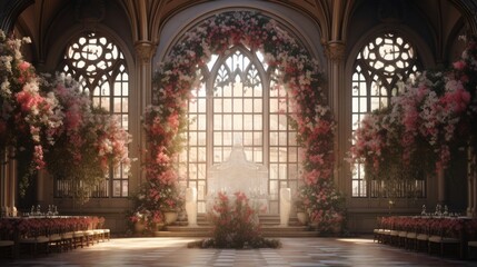 Fototapeta na wymiar Generative AI Regal banquet hall adorned with exquisite floral arrangements.