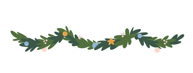 Fototapeta premium Evergreen garland with leaves and ornaments 