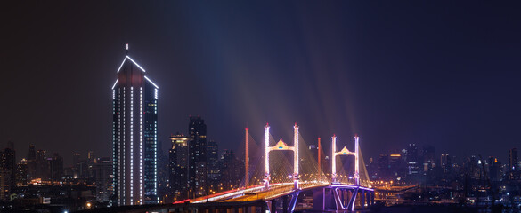 Panorama view of Rama IX and new frontage bridge. Bhumibol Bridge, most important lanmark, Bangkok...