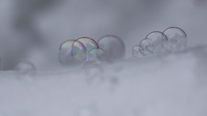 soap bubbles in the snow on a white background