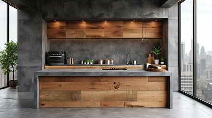 Fototapeta na wymiar Modern wood and concrete kitchen interior. 3d rendering background