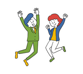 ジャンプするスーツ姿の男女　カラフル