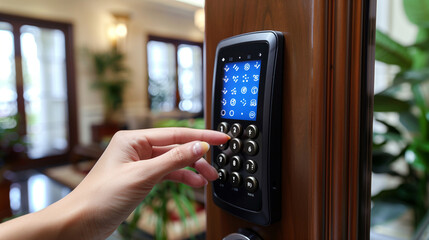 Closeup of woman finger entering password code on the smart digital touch screen keypad entry door lock in front of the room. Smart device concept.