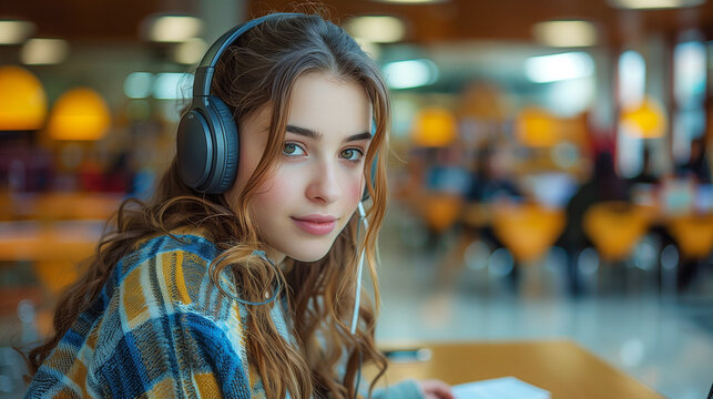 young woman school college student wear headphones learning virtual internet online class from school teacher by remote meeting.