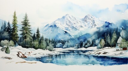 Generative AI Serene mountainscapes with snow-capped peaks aquarelle