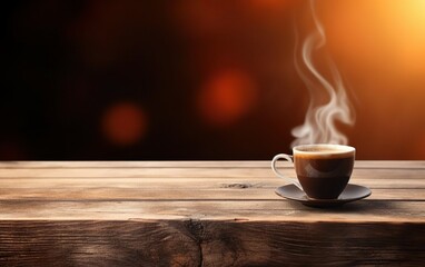 Cup of coffee on wooden table web banner size. Brown blurred background. Relaxed pace time. Good morning concept. AI Generative.
