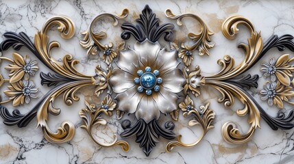 Baroque Style Ornate Floral Golden Decoration on Marble.