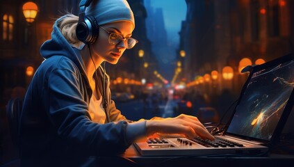 Cool female asian dj is working in a nightclub, standing at turntables - obrazy, fototapety, plakaty