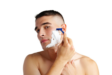 Young handsome man applying shaving foam against white background