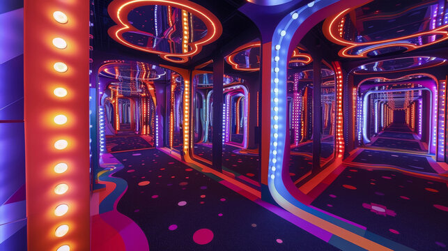 Get lost in the everchanging maze of mirrors and lights in the interactive funhouse room of this experiential house.