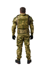 Back view of male soldier in military uniform isolated on white background