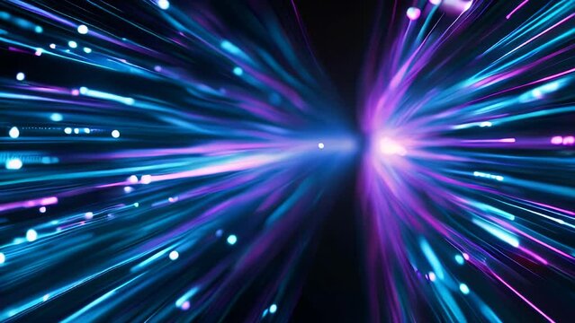 Accelerating streaks of light through cyberspace, with blue and pink rays converging towards a central point, expressing a sense of energy and speed.
