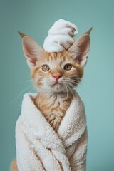 cute red kitten in a robe. Spa holiday. Hotel service. White towel. vacation - obrazy, fototapety, plakaty