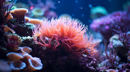 Beautiful undersea tropical fluorescent sea anemone on deep sea coral reef