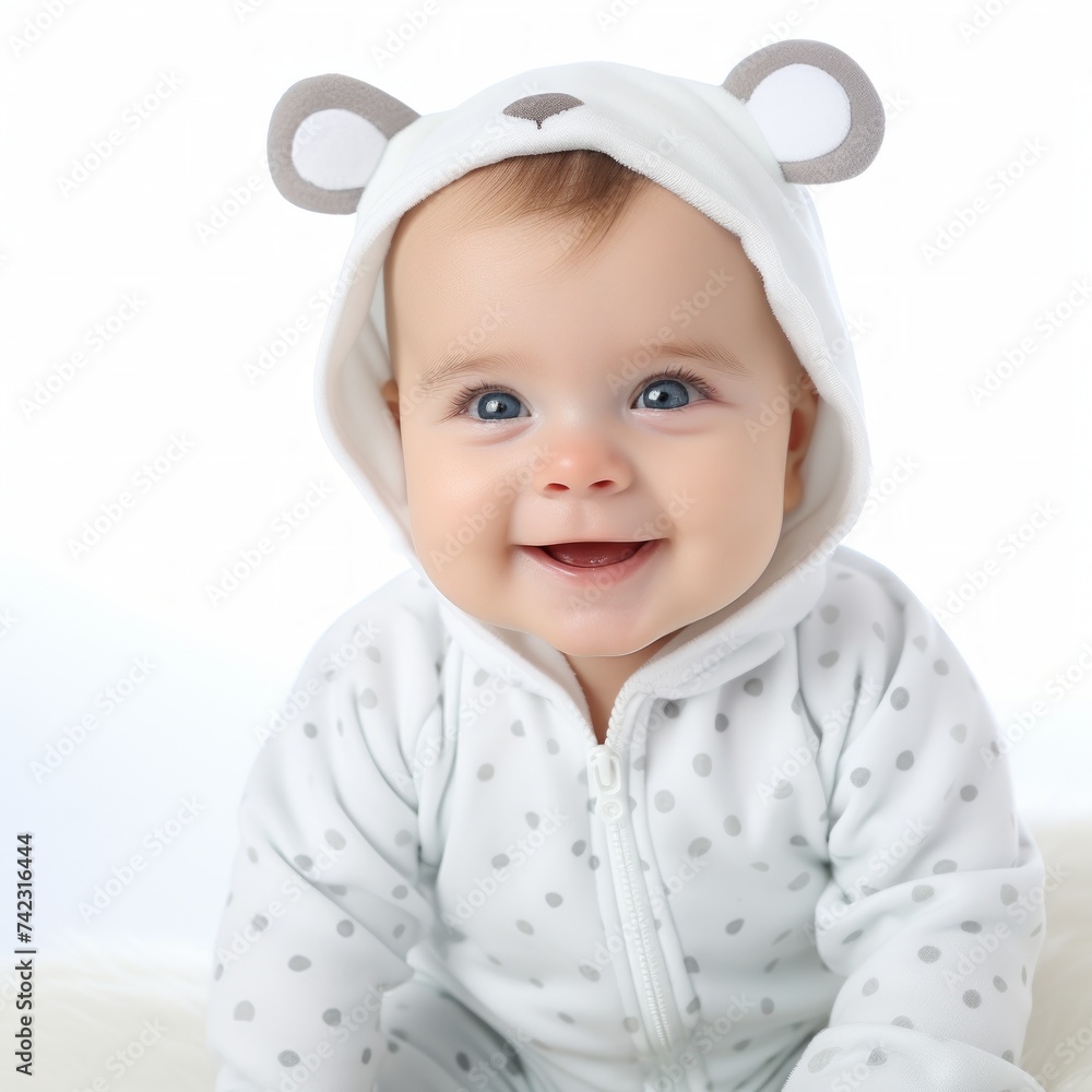 Poster stock image of a baby boy in a onesie against a white backdrop generative ai