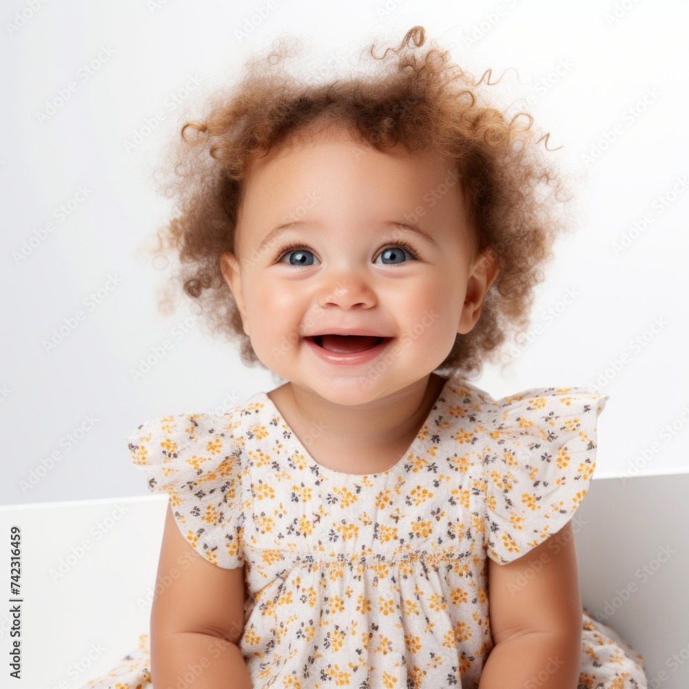 Poster stock image of a baby girl in a patterned dress against a white background generative ai