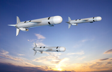 Fototapeta na wymiar Tomahawk cruise missiles against the sunset. 3d-rendering