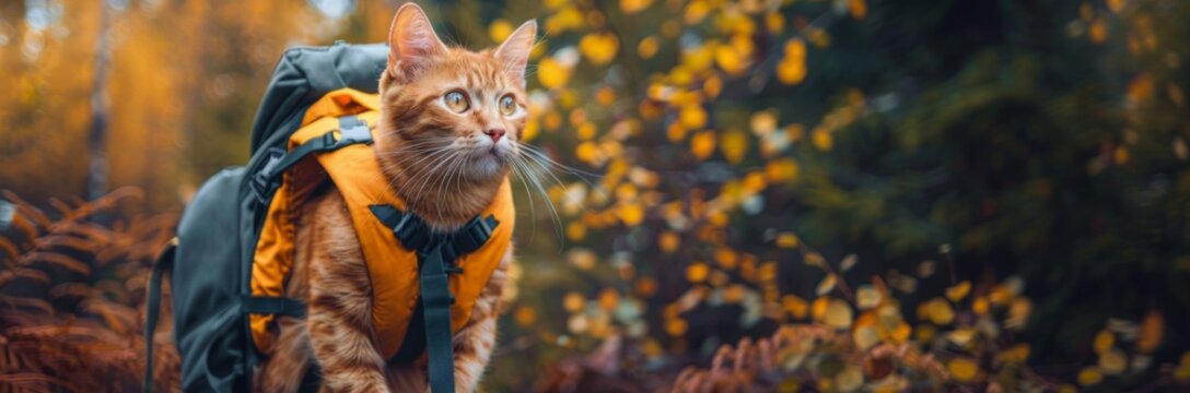 Photo of adventurer cat with backpack on his back 