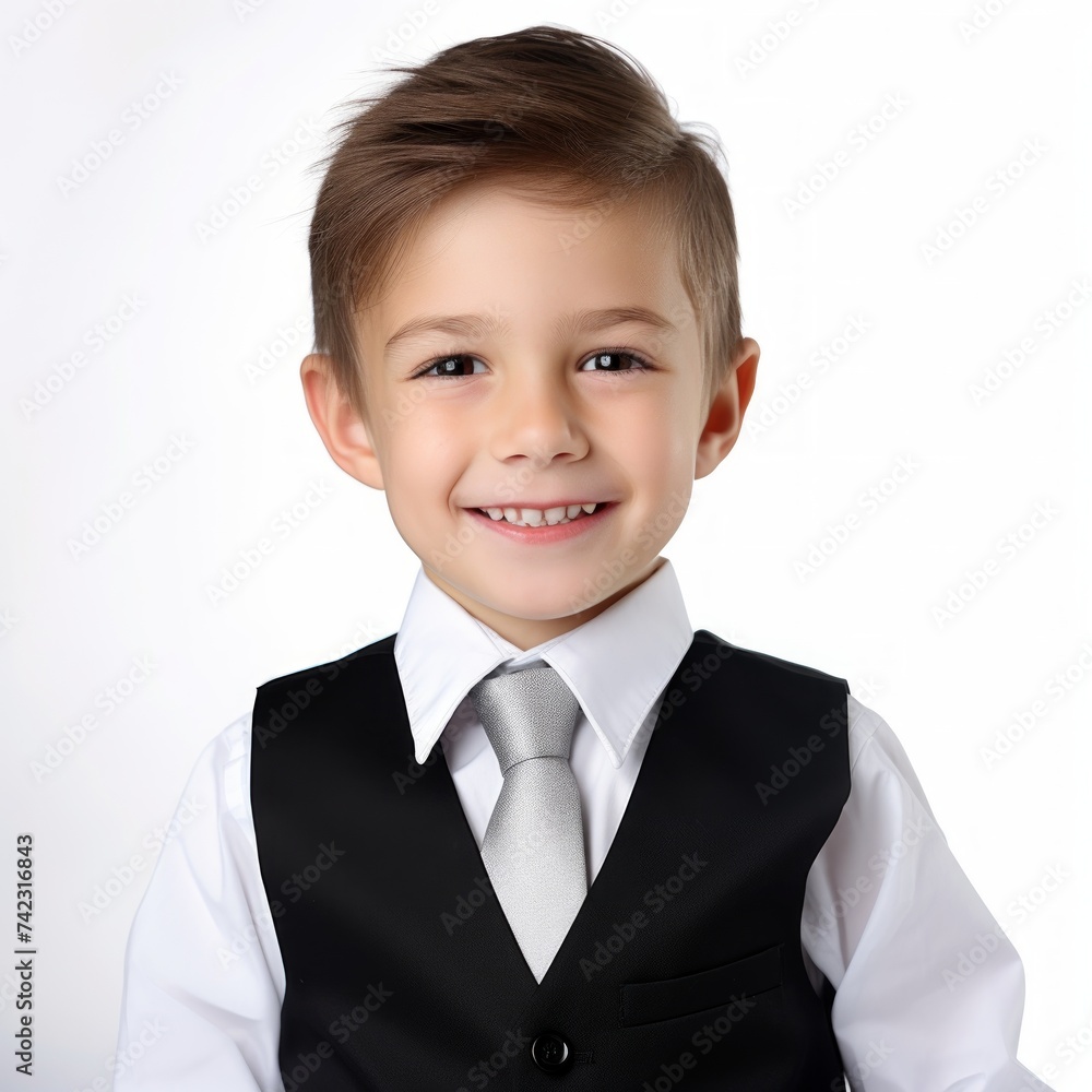 Poster Stock image of a child in a formal outfit on a white background Generative AI