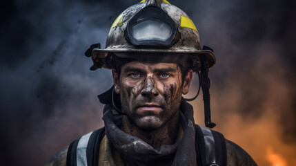 firefighters in uniform, against the background of the fire