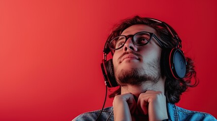 Young man with headphones listening music on red background
