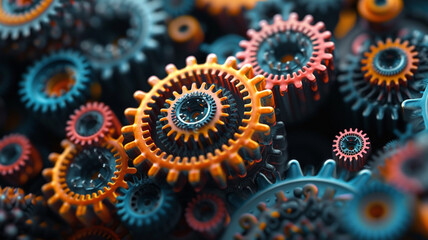 Interlocking gears composed of vibrant organic patterns, symbolizing the intricate harmony between nature and technology. - obrazy, fototapety, plakaty