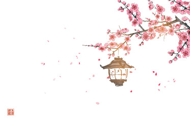 Ink painting of a lantern hanging from sakura branch in blossom. Traditional oriental ink painting sumi-e, u-sin, go-hua. Hieroglyph - clarity