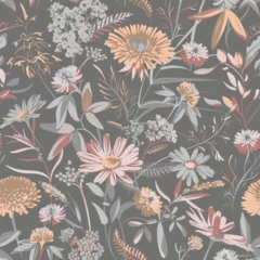 Gordijnen Bloemendesign Seamless pattern with flowers - Chamomilla, Clover, Achillea Millefolium and grass isolated on dark gray background. Hand-drawn illustrations of wildflowers.   © Yulia Ogneva