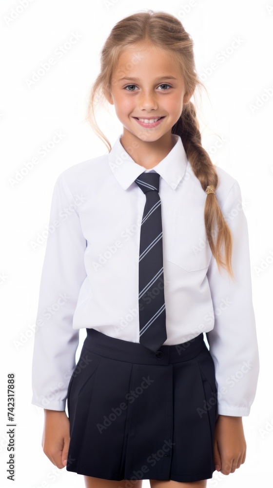 Poster stock image of a girl in a school uniform against a white background generative ai