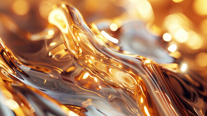 Liquid gold tendrils dancing gracefully around an abstract chrome structure, encapsulating the essence of elegance and innovation. - obrazy, fototapety, plakaty