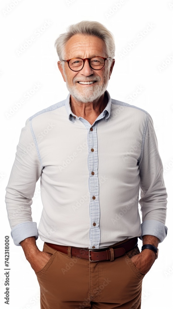 Poster stock image of a grandpa in a relaxed outfit on a white backdrop generative ai