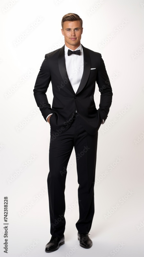 Poster stock image of a male model in elegant evening wear against a plain white background generative ai