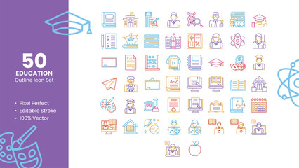 Set of 50 Outline Icons Related to Education. Pixel Perfect Icon. Outline Icon Collection. Fully Editable. Vector Illustration.