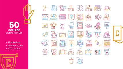 Set of 50 Outline Icons Related to Collage. Pixel Perfect Icon. Outline Icon Collection. Fully Editable. Vector Illustration.