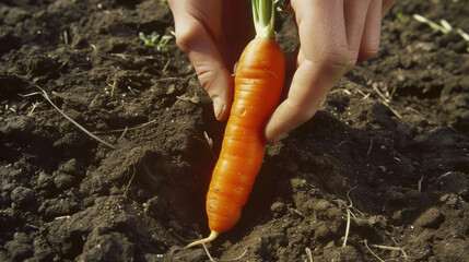 A hand holding a freshly picked carrot from the earth its bright orange color contrasting against...