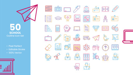 Set of 50 Outline Icons Related to School. Pixel Perfect Icon. Outline Icon Collection. Fully Editable. Vector Illustration.