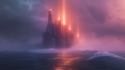 A fantastical lighthouse island, where each beam of light tells a personal story, guiding ships through the sea of life. - obrazy, fototapety, plakaty