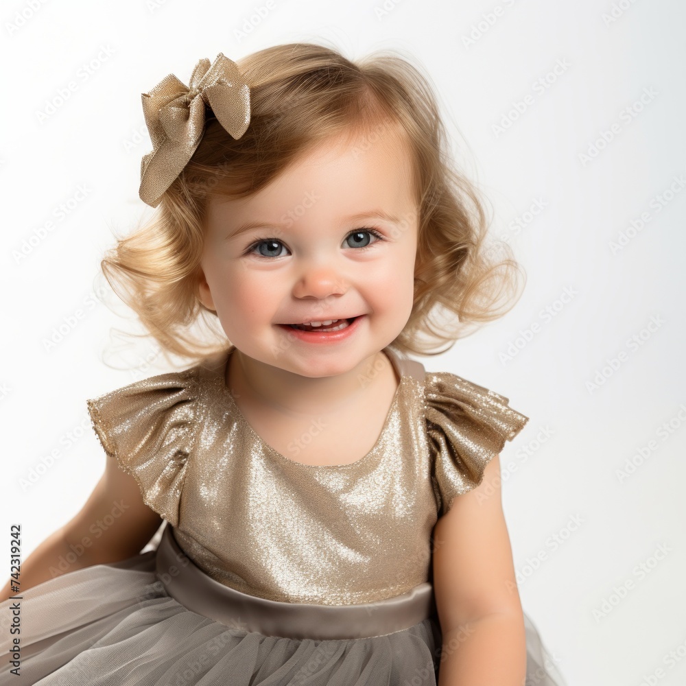 Poster stock image of a toddler in a party dress on a white backdrop generative ai
