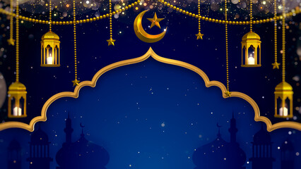 Gold lantern, star and crescent moon decor hanging above arab door for Ramadan Kareem abstract background with copyspace.