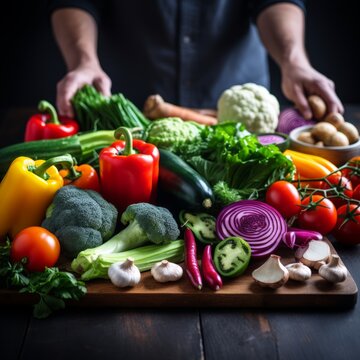 Stock image of a variety of colorful organic vegetables on a cutting board, ingredients for healthy cooking Generative AI