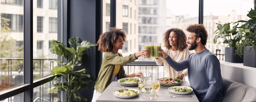 Friends Enjoying a Healthy Meal and Green Smoothies in a Bright Urban Apartment