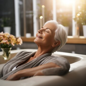 Stock image of an elderly woman enjoying a day at the spa, relaxation and self-care Generative AI
