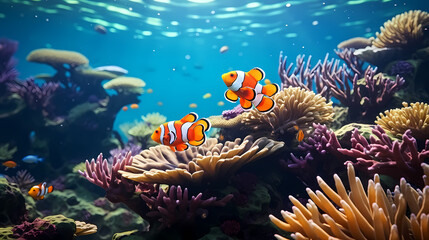 Beautiful undersea tropical fluorescent sea anemone on deep sea coral reef