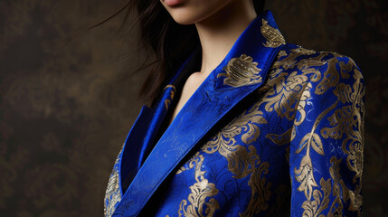 A structured blazer in a royal blue hue featuring intricate gold brocade and a highlow hemline perfect for a modern duchess attending a state dinner.