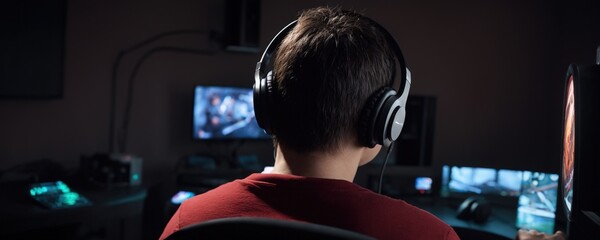 A boy playing video games in front of many screens with headphones, photo from behind