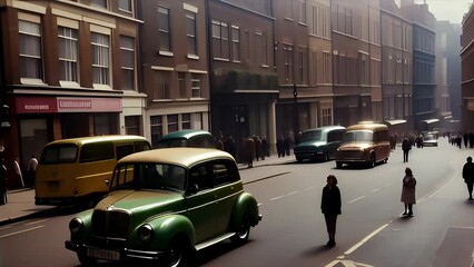 The feel of the 90s, 80s. Old school cars driving on city center streets with typical 90s buildings, people walking, vintage vibes, the new nostalgia.