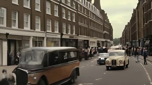 The feel of the 90s, 80s. Old school cars driving on city center streets with typical 90s buildings, people walking, vintage vibes, the new nostalgia.
