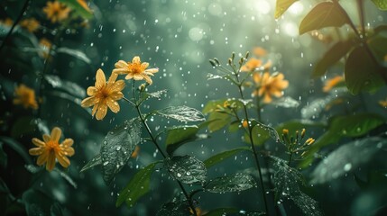 Delicate yellow flowers and green leaves become even more vivid as they are adorned with raindrops under a soft rain.