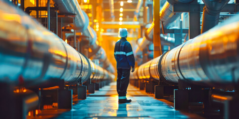Male worker inspects steel long pipes and pipe elbows at an oil plant, visual inspection of oil and gas industry pipeline valve, oil refining industry - obrazy, fototapety, plakaty